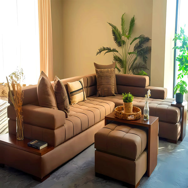 L-shaped corner 3-piece With pouf 200x300 cm - Brown - Km211